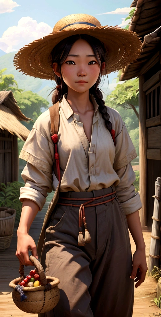 An image of Li, a young farmer wearing simple traditional clothes: a loose shirt, pants, and a straw hat, taking the treasure to the village elder, with a humble and honest expression. Hyper realistic, 8K, full HD.