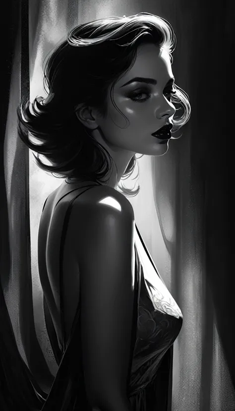 eroticism, sexy, black and white image, between shadows, oil painting, dramatic lighting, dramatic contrast, chiaroscuro, detail...
