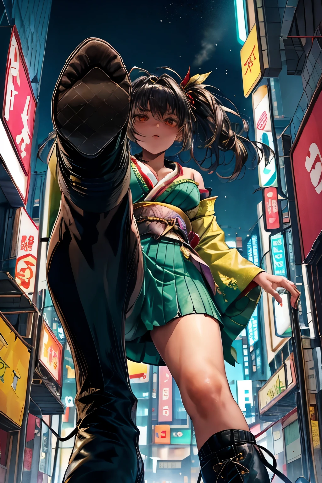 (score_10): A cyberpunk cityscape comes to life in this ultra-high detailed 8K image, featuring a slender girl standing with a split stance. Her one side of black hair cascades down, contrasting with the green, yellow, and neon lights that illuminate the city. Her outfit is a unique blend of traditional kimono and modern cyberpunk fashion, with one side of her kimono slipping to reveal a red eye peering out from under a scar across her eye. Her footwear, black stirrup boots, are perfectly positioned, with spread toes and soles visible in the close-up foot focus. The city's exhaust fumes and the girl's