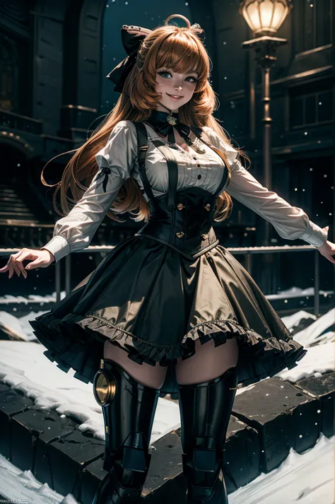 cowboy shot, (dynamic pose), smile,  underbust, penny polendina, long hair, neck ribbon, suspender skirt, corset, black bow, whi...