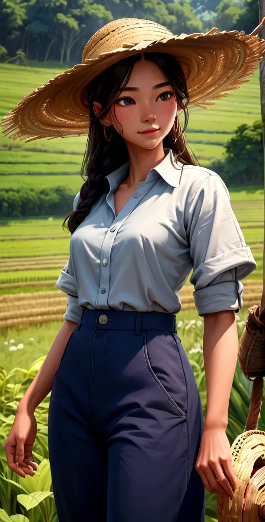 An image of Li, a young farmer wearing simple traditional clothes: a loose shirt, pants, and a straw hat, working in his field w...