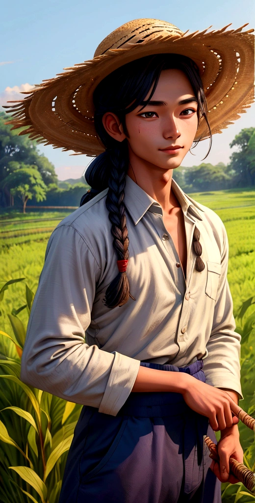 Ein Bild von Li, ein junger Bauer in einfacher traditioneller Kleidung: ein lockeres Hemd, Hose, und ein Strohhut, arbeitet in seinem Bereich mit einem üppigen und lebendigen Hintergrund. (gute Qualität:1.2), (ultradetailliert:1.2), (ultradetailliertes Gesicht:1.2), (ultradetaillierter Körper:1.2)