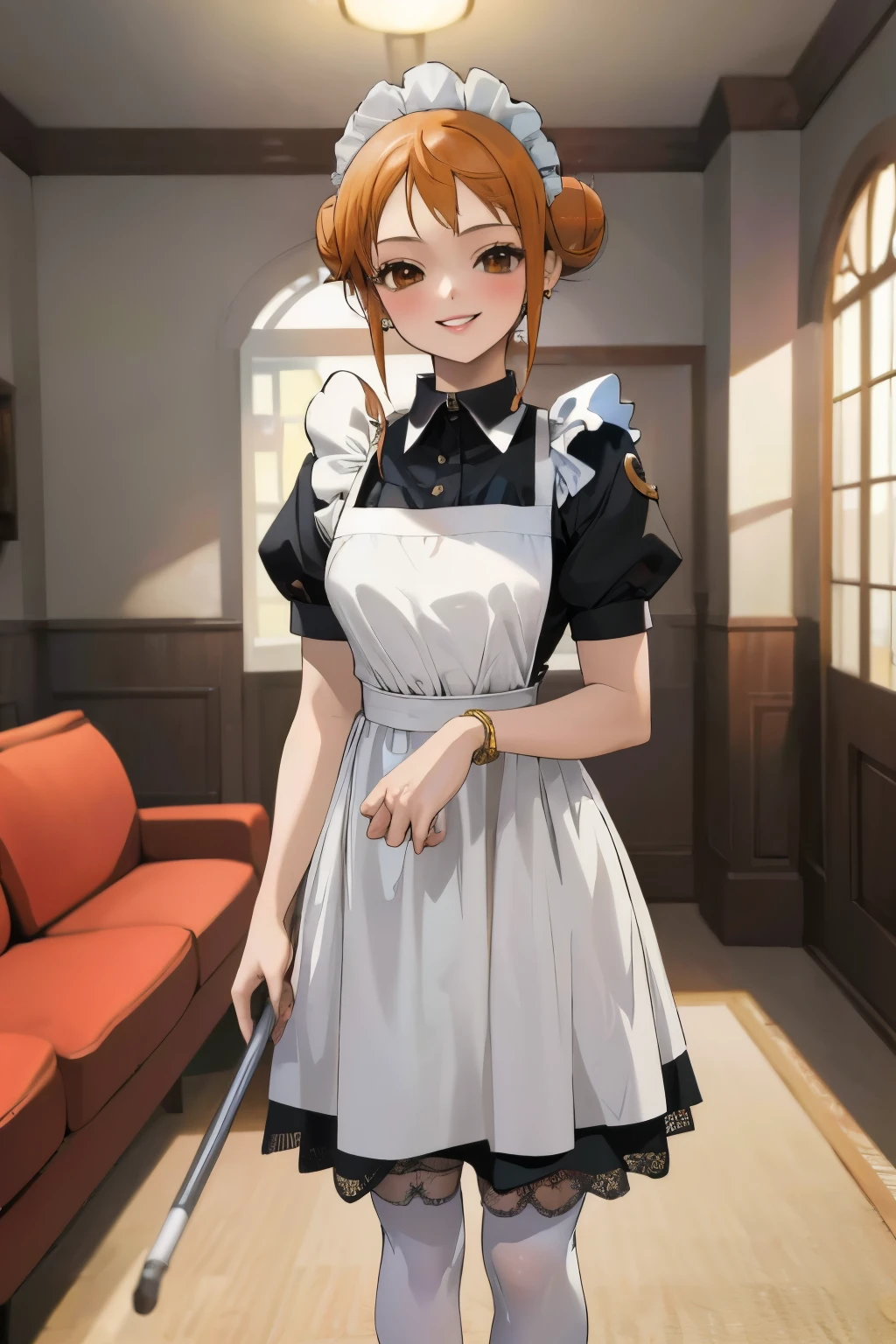 masterpiece, best quality, ultra-detailed, 1girl (namiop, Big and pretty breasts, jewelry, earrings, dog collar, orange hair, , single hair bun, brown eyes), smile, makeup, glow lips, facing viewer, looking at viewer, solo, maid(black), frill, apron, maid headdress, white lace thighhighs, mini skirt, wanostyle, night time, in the livingroom, standing, 