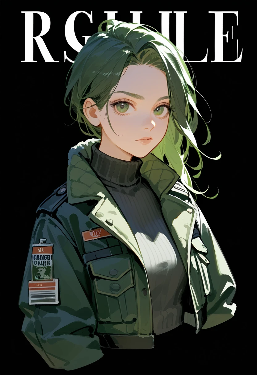 (masterpiece: 1.2, best quality), (1 lady, solo, upper body: 1.2),Detailed face, Black and white,, a girl in a black jacket and green Cargo pants standing, wearing Cargo pants, a green colored bomber jacket, Cargo pants , wearing dark green bomber jacket, black bomber jacket, black rugged clothing, cropped shirt with jacket, black pants, wearing a turtleneck and jacket, a girl wearing a black jacket, bomber jacket, black and green, white and black color scheme ((modern clothes)) Looking at the viewer, looking at the camera,,Magazine cover,a close up of a poster,black background, simple background