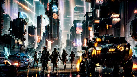 latest technology, flying cars, general shot close up of overcrowded futuristic cyber punk city, cinematic lighting, 4k image, f...