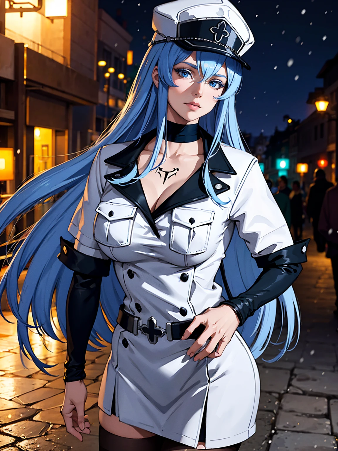 a girl with long blue hair, blue eyes, blue eyelashes, big breasts, white sweatshirt with a hat, walking, upset, on a street in Russia, snowing heavily, at night, (best quality,4k,8k,highres,masterpiece:1.2),ultra-detailed,(realistic,photorealistic,photo-realistic:1.37),HDR,UHD,studio lighting,extreme detail description,vivid colors,portrait,dramatic lighting,cold color tone