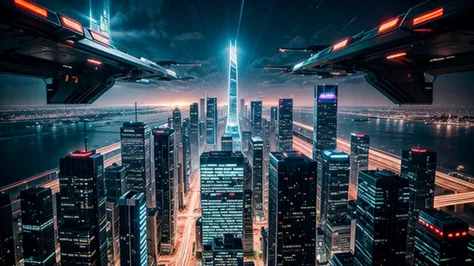 latest technology, flying cars, general shot close up of overcrowded futuristic cyber punk city, cinematic lighting, 4k image, f...