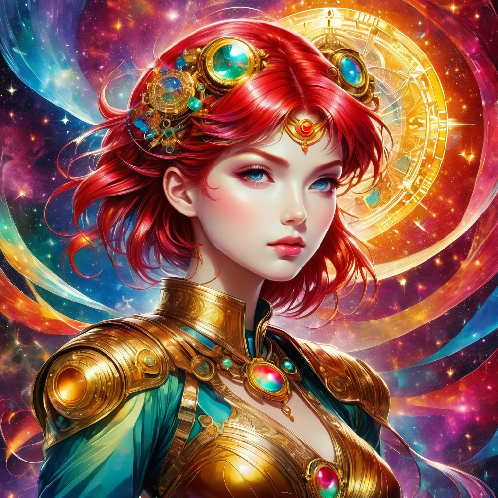 Highest quality，very good，8K，Absurd，Very detailed，Sailor Moon Fighting，Short red messy hair，kaleidoscope，(cyber punk:0.7)，steampunk，Dieselpunk and Clockpunk，kaleidoscope采用热粉色，Made with shiny gold plating and shiny silver plating，Broken Shiny Colored Gemstone Art，Mixed Art，Fractal Art，Zentangle Art，Design Art，Wonderful and mysterious，Fantasy world pictures，Diverse visual style incorporating various artistic elements，Contains glittery rainbow pastels and bright colors