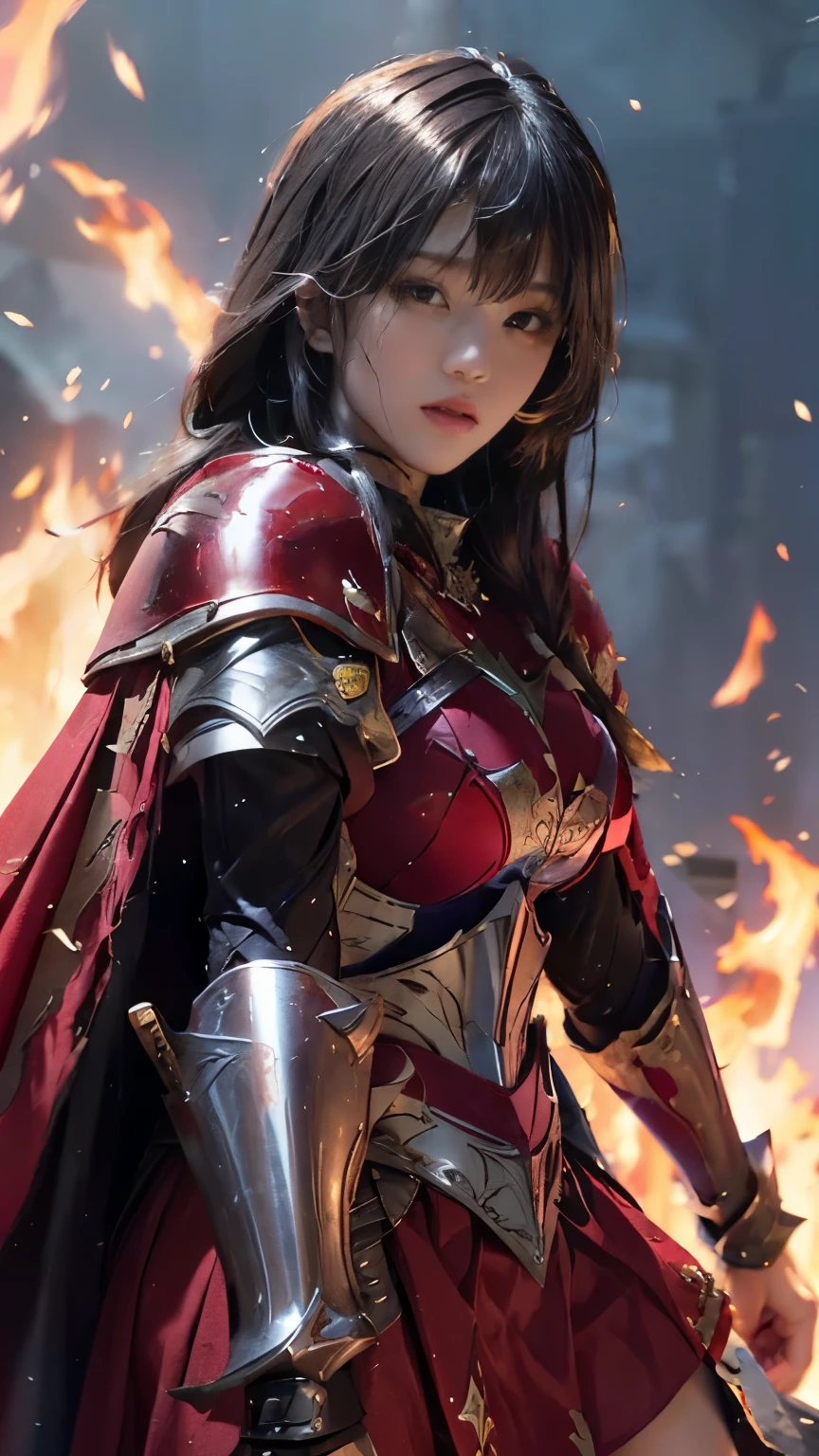 Very beautiful woman、Slender women、(Detailed face)、Realistic Skin、((Knight of Fire)), (((Red Armor:1.25)))、((((Black armor with very fine and intricate decoration))))、((Delicate photo))，(Girl Astepeace RAW Photo Details:1.25), (highest quality:1.6), (超A high resolution:1.5), (Realistic:1.75), 8K resolution, Canon EOS R5, 50mm, Absurd, Ultra-detailed,Cinema Lighting,Battlefields of Medieval Europe、((battle))、RPG World、Final Fantasy、(((Embellished skirt)))、Thigh-high socks、Shin Guards、night、((too long bangs))、((One long thick dark red hair braid))、Get six-pack、Torn Cloak、Beautiful Armor、(((Giant Sword)))、In combat、The wind is blowing、(((Inferno filling the entire area)))、(((Leading a large group of red knights)))、(((Knight Commander)))、Armor with a Phoenix motif、Old scar on right cheek:1.2、((Fire blaze))、(((Battle Scene)))、((nsfw))