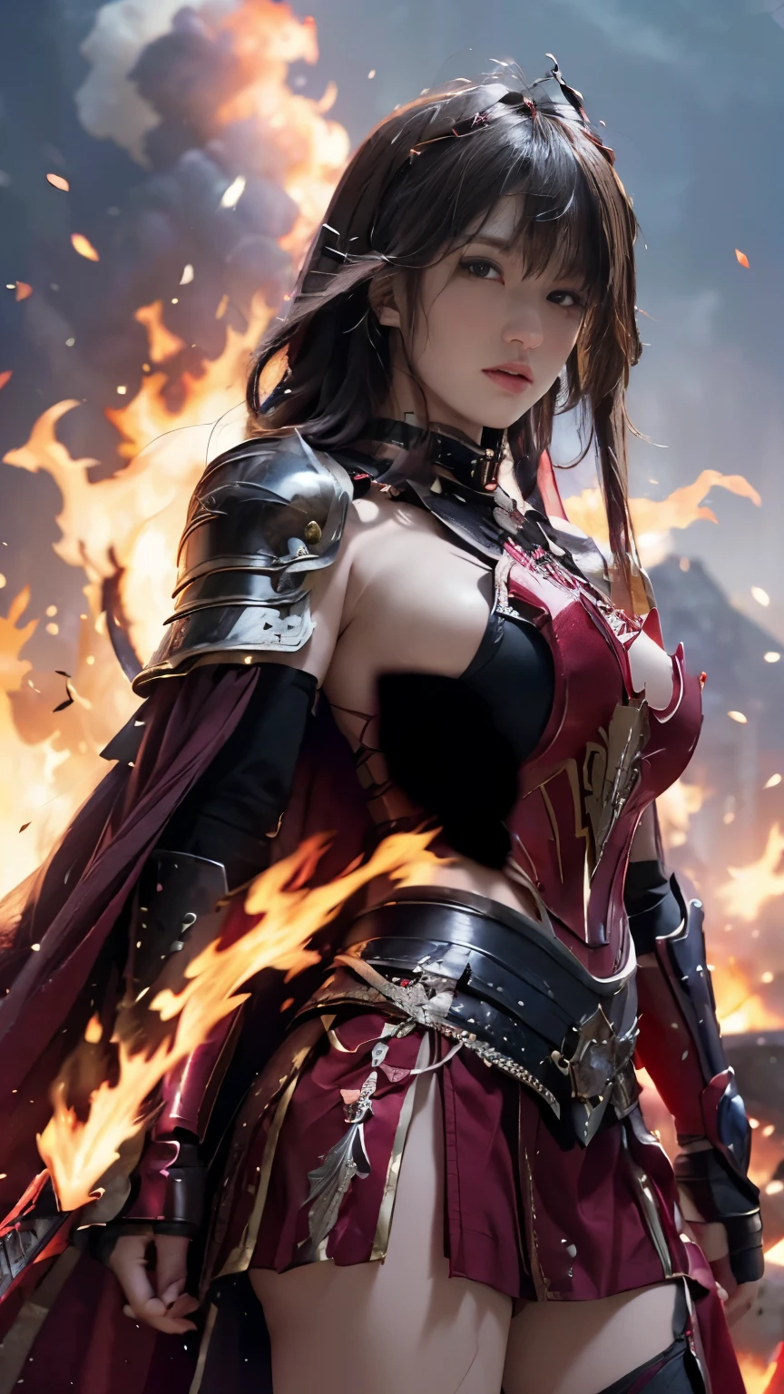 Very beautiful woman、Slender women、(Detailed face)、Realistic Skin、((Knight of Fire)), (((Red Armor:1.25)))、((((Black armor with very fine and intricate decoration))))、((Delicate photo))，(Girl Astepeace RAW Photo Details:1.25), (highest quality:1.6), (超A high resolution:1.5), (Realistic:1.75), 8K resolution, Canon EOS R5, 50mm, Absurd, Ultra-detailed,Cinema Lighting,Battlefields of Medieval Europe、((battle))、RPG World、Final Fantasy、(((Embellished skirt)))、Thigh-high socks、Shin Guards、night、((too long bangs))、((One long thick dark red hair braid))、Get six-pack、Torn Cloak、Beautiful Armor、(((Giant Sword)))、In combat、The wind is blowing、(((Inferno filling the entire area)))、(((Leading a large group of red knights)))、(((Knight Commander)))、Armor with a Phoenix motif、Old scar on right cheek:1.2、((Fire blaze))、(((Battle Scene)))、((nsfw))