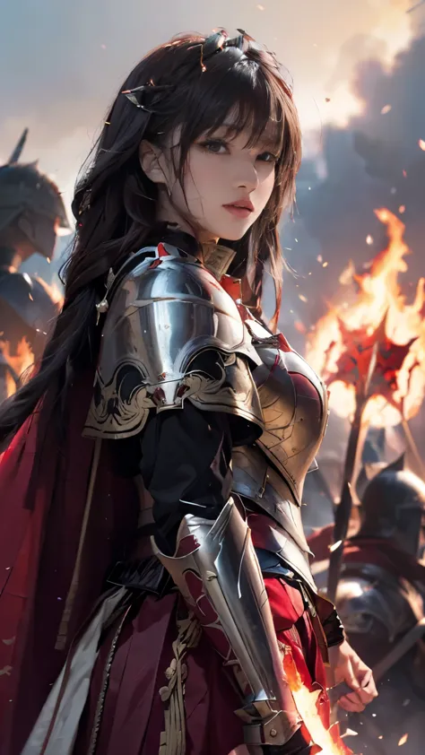 Very beautiful woman、Slender women、(Detailed face)、Realistic Skin、((Knight of Fire)), (((Red Armor:1.25)))、((((Black armor with ...