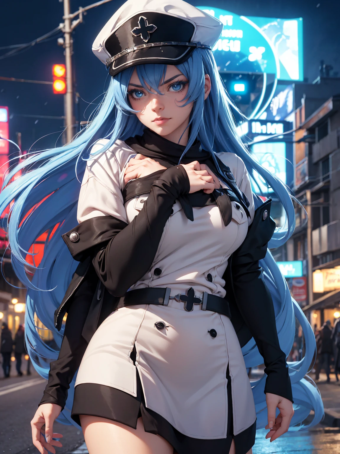 a girl with long blue hair, blue eyes, blue eyelashes, big breasts, white sweatshirt with a hat, walking, upset, on a street in Russia, snowing heavily, at night, (best quality,4k,8k,highres,masterpiece:1.2),ultra-detailed,(realistic,photorealistic,photo-realistic:1.37),HDR,UHD,studio lighting,extreme detail description,vivid colors,portrait,dramatic lighting,cold color tone