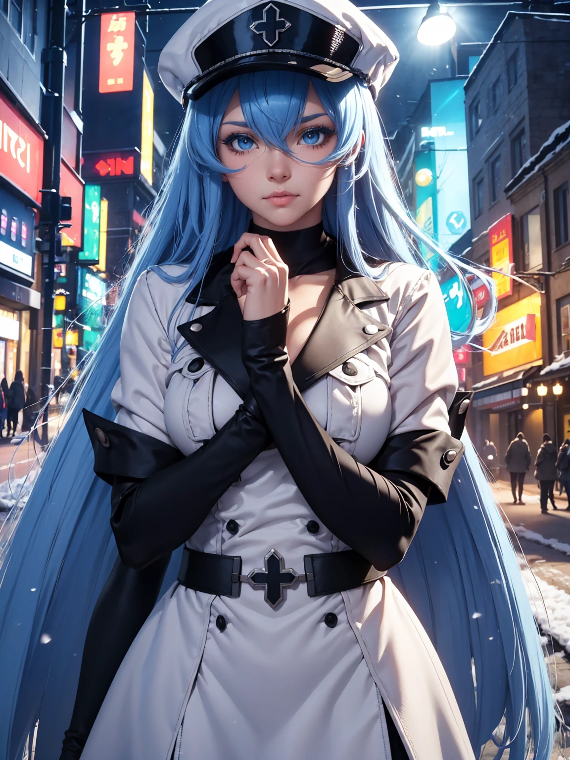 Une fille aux longs cheveux bleus, yeux bleus, cils bleus, Gros seins, sweat-shirt blanc avec un chapeau, marche, Bouleversé, dans une rue en Russie, il neige abondamment, la nuit, (Meilleure qualité,4k,8k,haute résolution,chef-d&#39;œuvre:1.2),ultra-détaillé,(Réaliste,photoRéaliste,photo-Réaliste:1.37),HDR,UHD,éclairage de studio,description extrêmement détaillée,Couleurs vives,portrait,Éclairage dramatique,ton de couleur froide