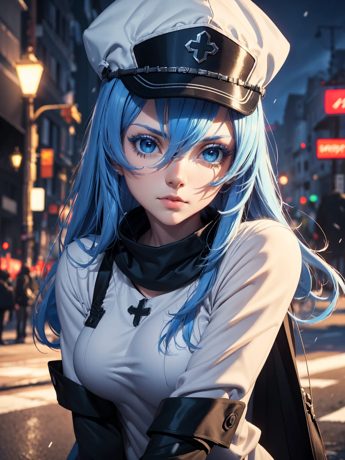 a girl with long blue hair, blue eyes, blue eyelashes, big breasts, white sweatshirt with a hat, walking, upset, on a street in Russia, snowing heavily, at night, (best quality,4k,8k,highres,masterpiece:1.2),ultra-detailed,(realistic,photorealistic,photo-realistic:1.37),HDR,UHD,studio lighting,extreme detail description,vivid colors,portrait,dramatic lighting,cold color tone