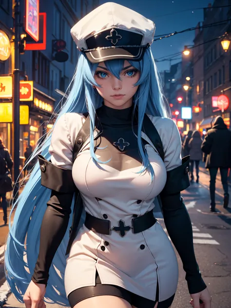 a girl with long blue hair, blue eyes, blue eyelashes, big breasts, white sweatshirt with a hat, walking, upset, on a street in ...