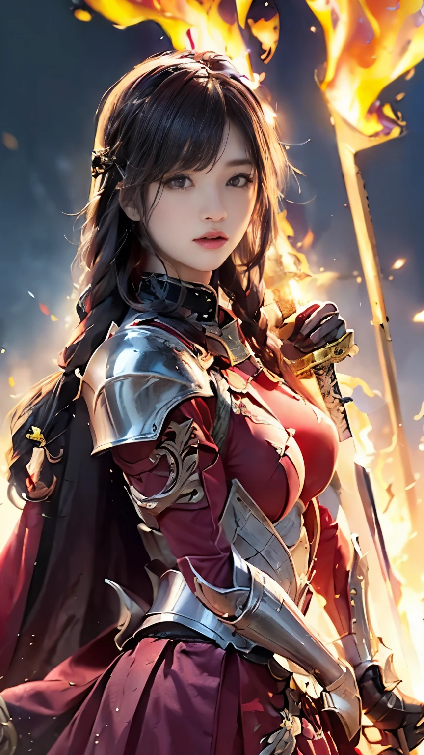 Very beautiful woman、Slender women、(Detailed face)、Realistic Skin、((Knight of Fire)), (((Red Armor:1.25)))、((((Black armor with very fine and intricate decoration))))、((Delicate photo))，(Girl Astepeace RAW Photo Details:1.25), (highest quality:1.6), (超A high resolution:1.5), (Realistic:1.75), 8K resolution, Canon EOS R5, 50mm, Absurd, Ultra-detailed,Cinema Lighting,Battlefields of Medieval Europe、((battle))、RPG World、Final Fantasy、(((Embellished skirt)))、Thigh-high socks、Shin Guards、night、((too long bangs))、((One long thick dark red hair braid))、Get six-pack、Torn Cloak、Beautiful Armor、(((Giant Sword)))、In combat、The wind is blowing、(((Inferno filling the entire area)))、(((Leading a large group of red knights)))、(((Knight Commander)))、Armor with a Phoenix motif、Old scar on right cheek:1.2、((Fire blaze))、(((Battle Scene)))、((nsfw))