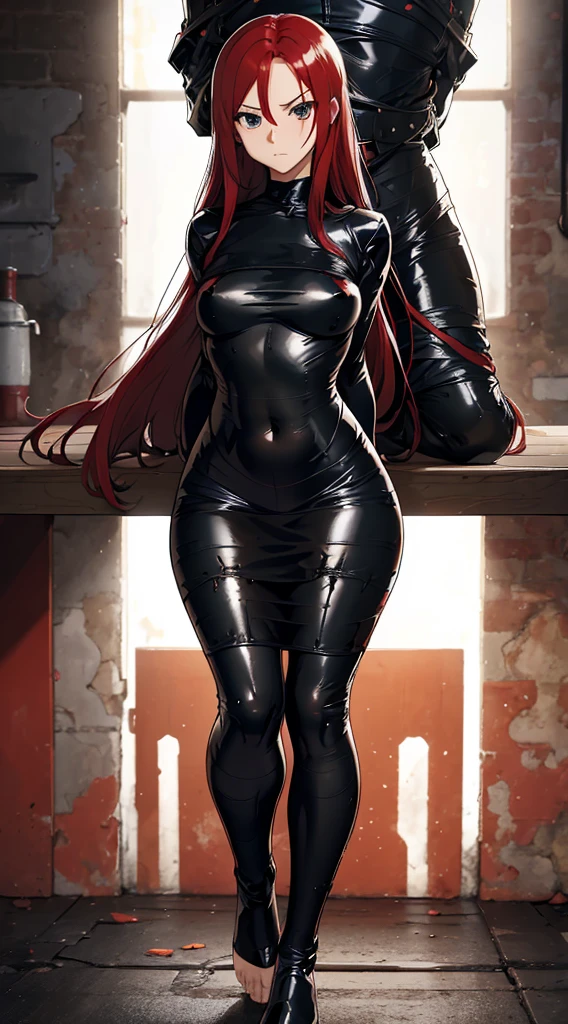 long red hair, assasin girl, young adult, perfect shape, gorgeous hips, small breast, distressed, backing up from the viewer, cornered, looking away in distress, big shiny black leather boots, arms behind the back, glare, hatred, disgust, perfect body, skinny girl, fallen over, hands on hips, [[[[[lying on the floor]]]]], crop top hoodie, [[[[[skin tight bike shorts]]]]], ready to kill, tight latex tape bondage mummification, mummified in skin tight latex black packing tape