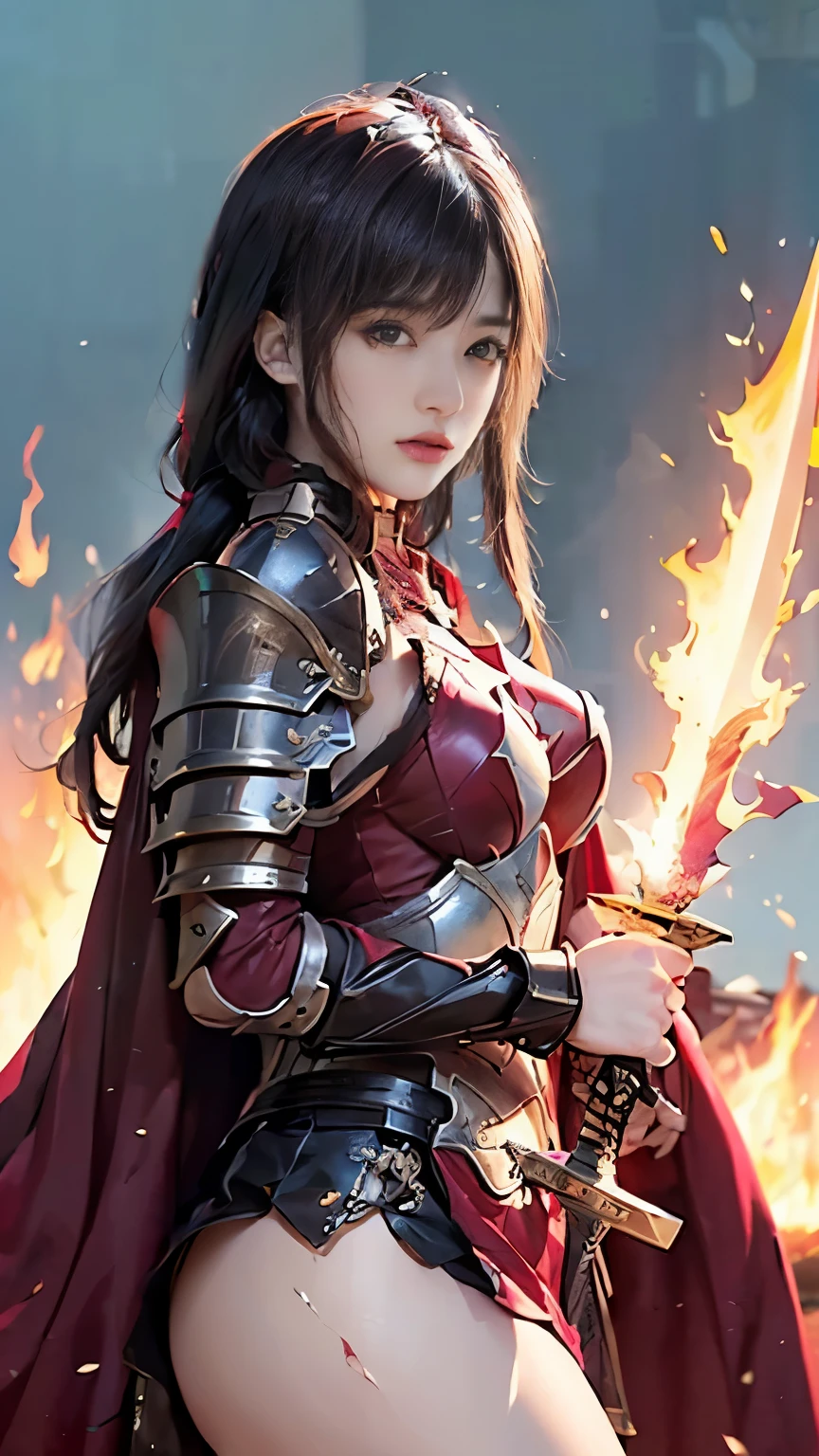 Very beautiful woman、Slender women、(Detailed face)、Realistic Skin、((Knight of Fire)), (((Red Armor:1.25)))、((((Black armor with very fine and intricate decoration))))、((Delicate photo))，(Girl Astepeace RAW Photo Details:1.25), (highest quality:1.6), (超A high resolution:1.5), (Realistic:1.75), 8K resolution, Canon EOS R5, 50mm, Absurd, Ultra-detailed,Cinema Lighting,Battlefields of Medieval Europe、((battle))、RPG World、Final Fantasy、(((Embellished skirt)))、Thigh-high socks、Shin Guards、night、((too long bangs))、((One long thick dark red hair braid))、Get six-pack、Torn Cloak、Beautiful Armor、(((Giant Sword)))、In combat、The wind is blowing、(((Inferno filling the entire area)))、(((Leading a large group of red knights)))、(((Knight Commander)))、Armor with a Phoenix motif、Old scar on right cheek:1.2、((Fire blaze))、(((Battle Scene)))、((nsfw))