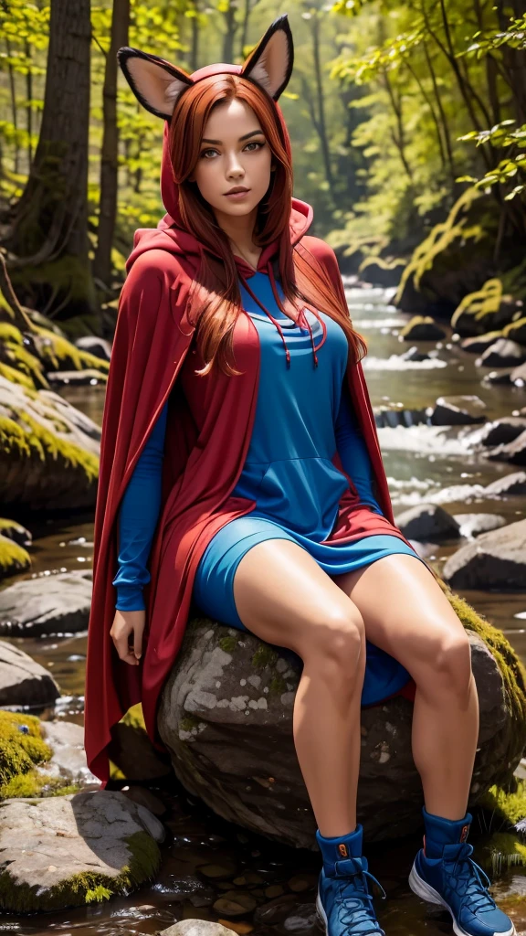 8k, best quality, (photorealistic:1.4), raw photo, 1girl, red hair, animal ears, blue hooded cape, ears sticking out, pose: sitting on a rock in a forest river, yellow eyes,  -