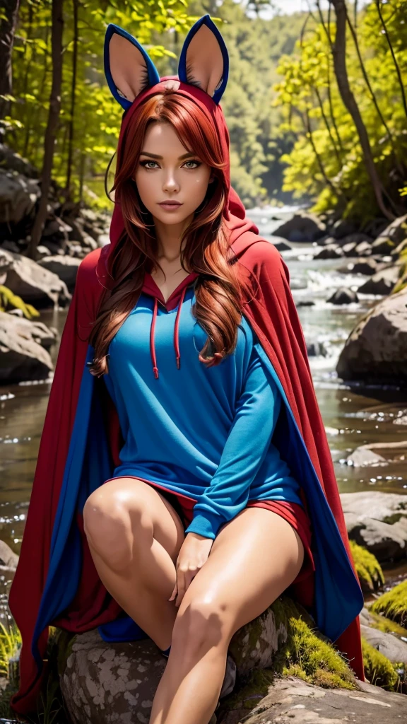 8k, best quality, (photorealistic:1.4), raw photo, 1girl, red hair, animal ears, blue hooded cape, ears sticking out, pose: sitting on a rock in a forest river, yellow eyes,  -