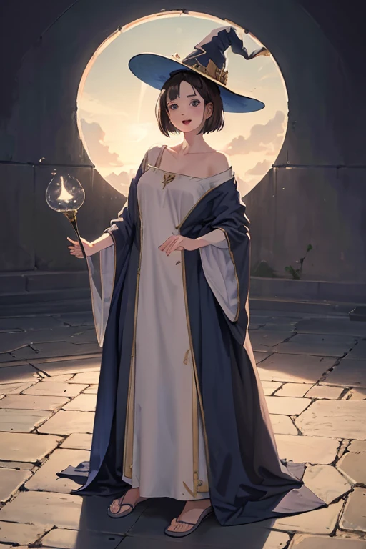 A bobcut brunette adult female wizard standing on the ground, wearing long loosely draped oversized blue robe and an oversized wizard's hat, medieval, brown hair, large long shaped , silly personalty, cute happy demeanor, sunny disposition, deredere, oversized clothes,