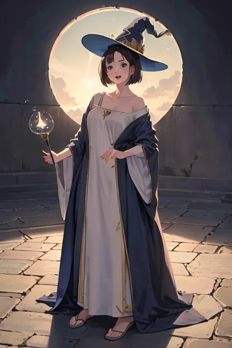A bobcut brunette adult female wizard standing on the ground, wearing long loosely draped oversized blue robe and an oversized w...