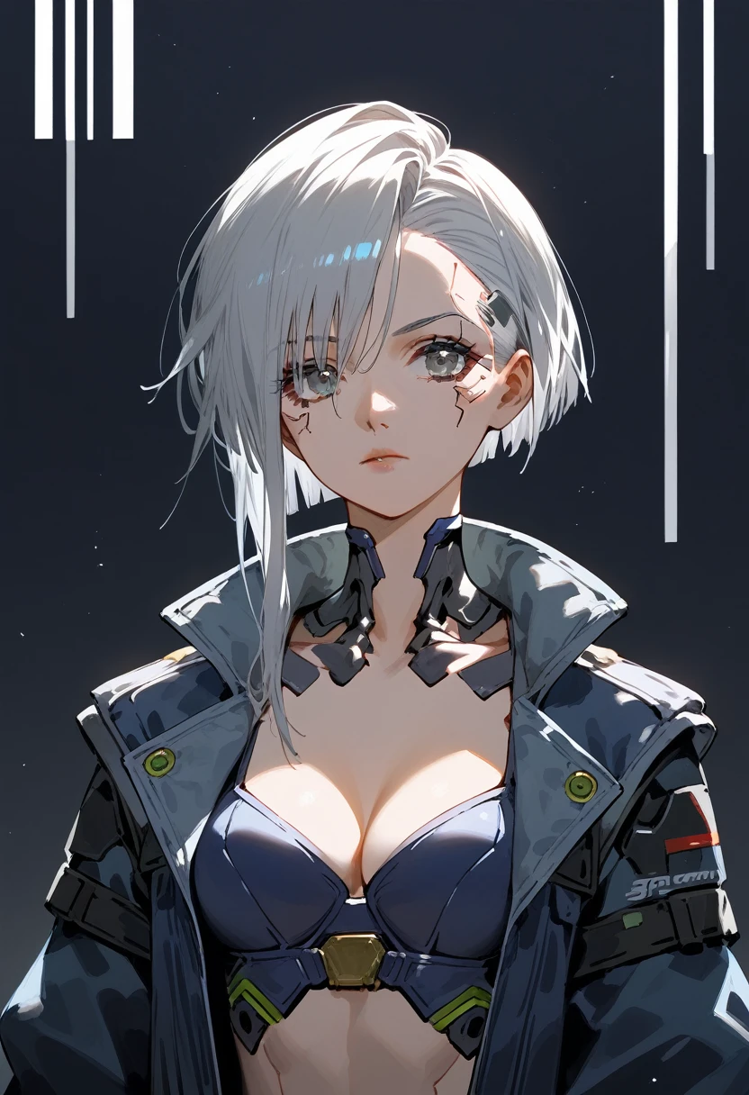 (masterpiece: 1.2, best quality), (1 lady, solo, upper body: 1.2), Hair: short cut, Clothing: oversized denim jacket and combat boots, underground or street art exhibition, android girl perfect for the future, cyborg girl, blue cyborg, cyborg - girl with silver hair, cyber machine female face, modern cyberpunk anime, cyborg girl, cyberpunk ads, perfect anime cyborg woman, porcelain cyborg, perfect cyborg woman, beautiful android ((modern clothes)) Looking at the viewer, looking at the camera,Magazine