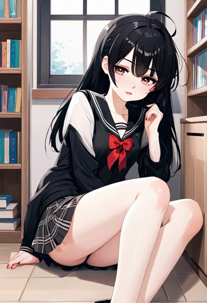 Crea una tsundere linda con cabello negro, rostro tsundere sexy, Piel pálida, Ropa escolar negra, piernas tonificadas, piernas gruesas 