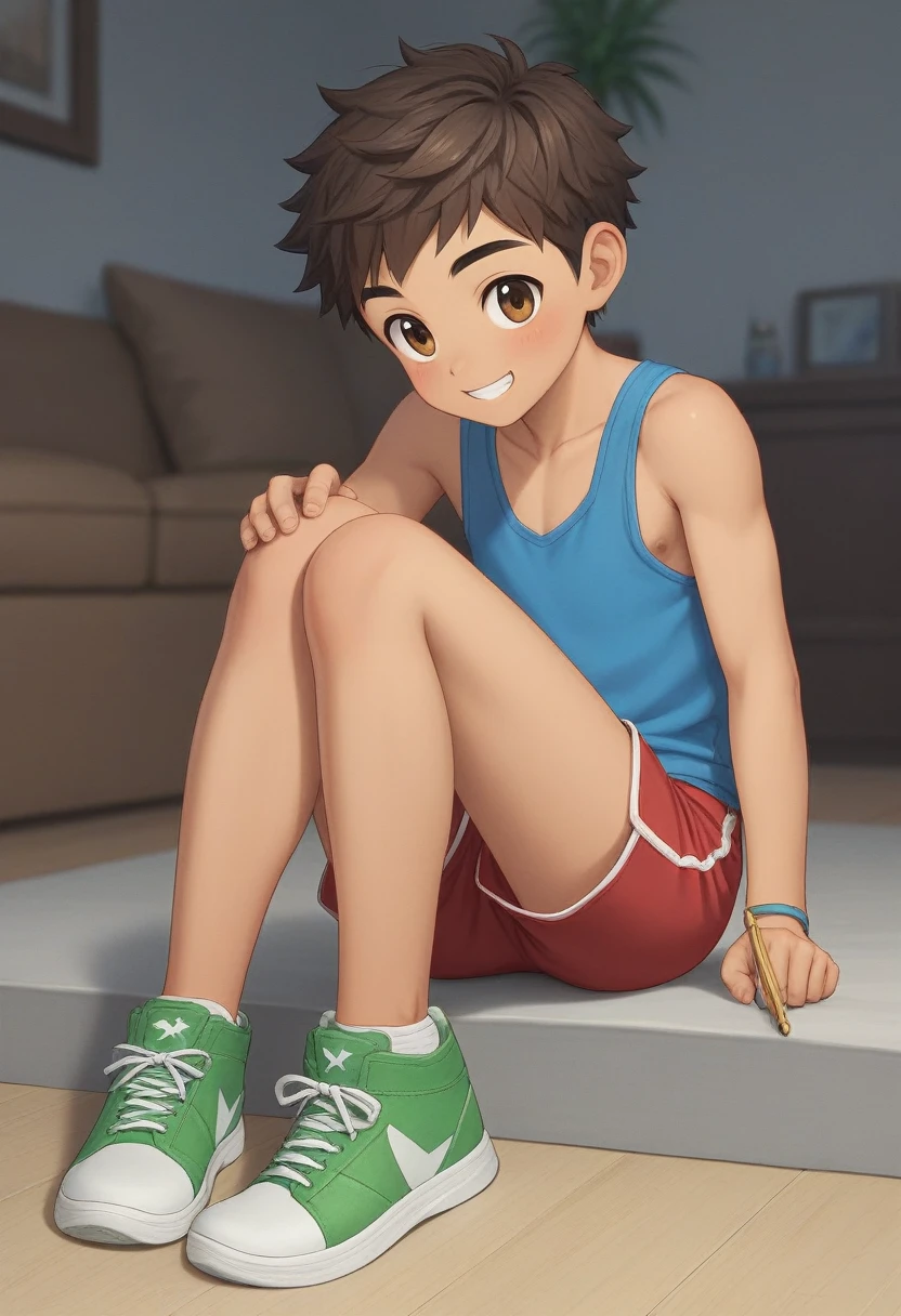 cute, chibi, childish, athletic, Latino, young boy, brown hair, short spiky hairstyle, brown eyes, small butt, blue tank top, red sports shorts, green sneakers, smiling excitedly, holding a joystick, sitting in the living room, ecchi anime, Murata Range style, masterpiece, cinematic, dramatic, POV, dynamic view, full body,
