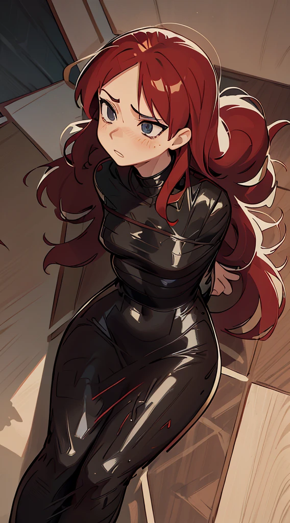 long red hair, assasin girl, young adult, perfect shape, gorgeous hips, small breast, distressed, backing up from the viewer, cornered, looking away in distress, big shiny black leather boots, [[[[[arms behind the back]]]]], glare, hatred, disgust, perfect body, skinny girl, fallen over, [[[[[lying on the floor]]]]], ready to kill, tight seamless latex tape bondage mummification, mummified in skin tight seamless latex black packing tape