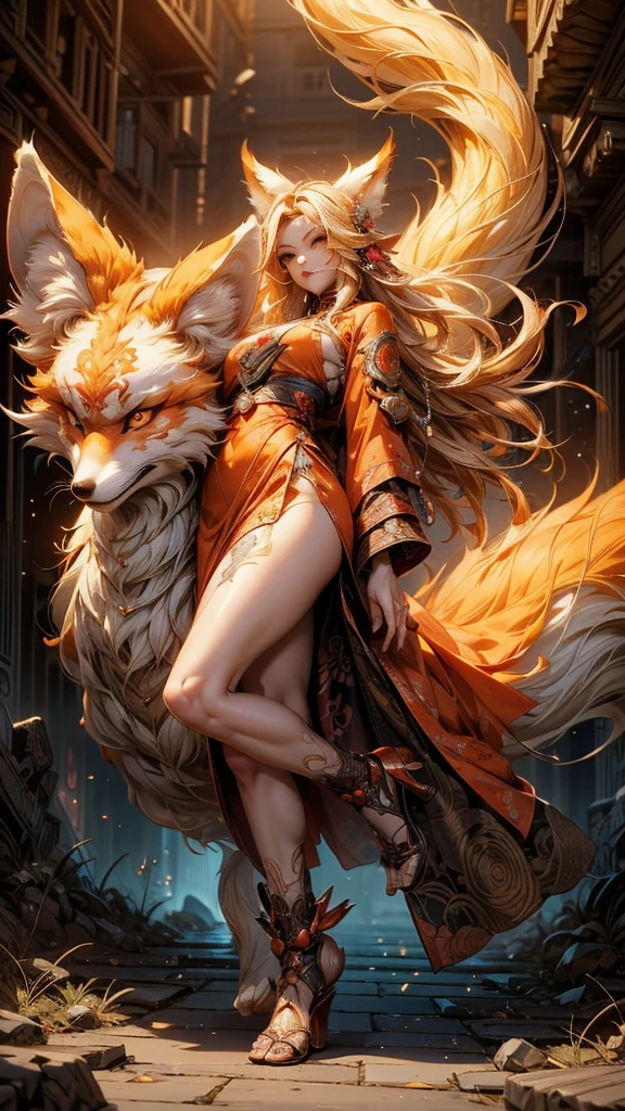 REALISTIC VISION 1.4, BETTER VAE,sharp focus, ultra detail, 32k,realistic photo, intricate details, (kitsune:1.4) , blond hair, (blond hair), orange eyes, intricate details ,woman, nine tails, intricate details,intricate details,big , Voluptuous body, intricate details, (Miko:1.4) , clothes long white dress with red details intricate details, tattoos intricate details, (full body:1.4) ,  (with a orange nine tails fox :1.4) , kiuubi (kurama, naruto), angry face, walking on the ground, backwards, orange aura, (perfect anatomy :1.4),(Fondo de ruinas de mazmorra en ruinas cyberpunk :1.4 ), (perfect anatomy V2.1), (face detailed :1.4), (cinematic lighting :1.4), (ojos hermosos :1.4), 