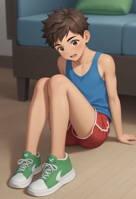 cute, chibi, childish, athletic, Latino, young boy, brown hair, short spiky hairstyle, brown eyes, small butt, blue tank top, re...