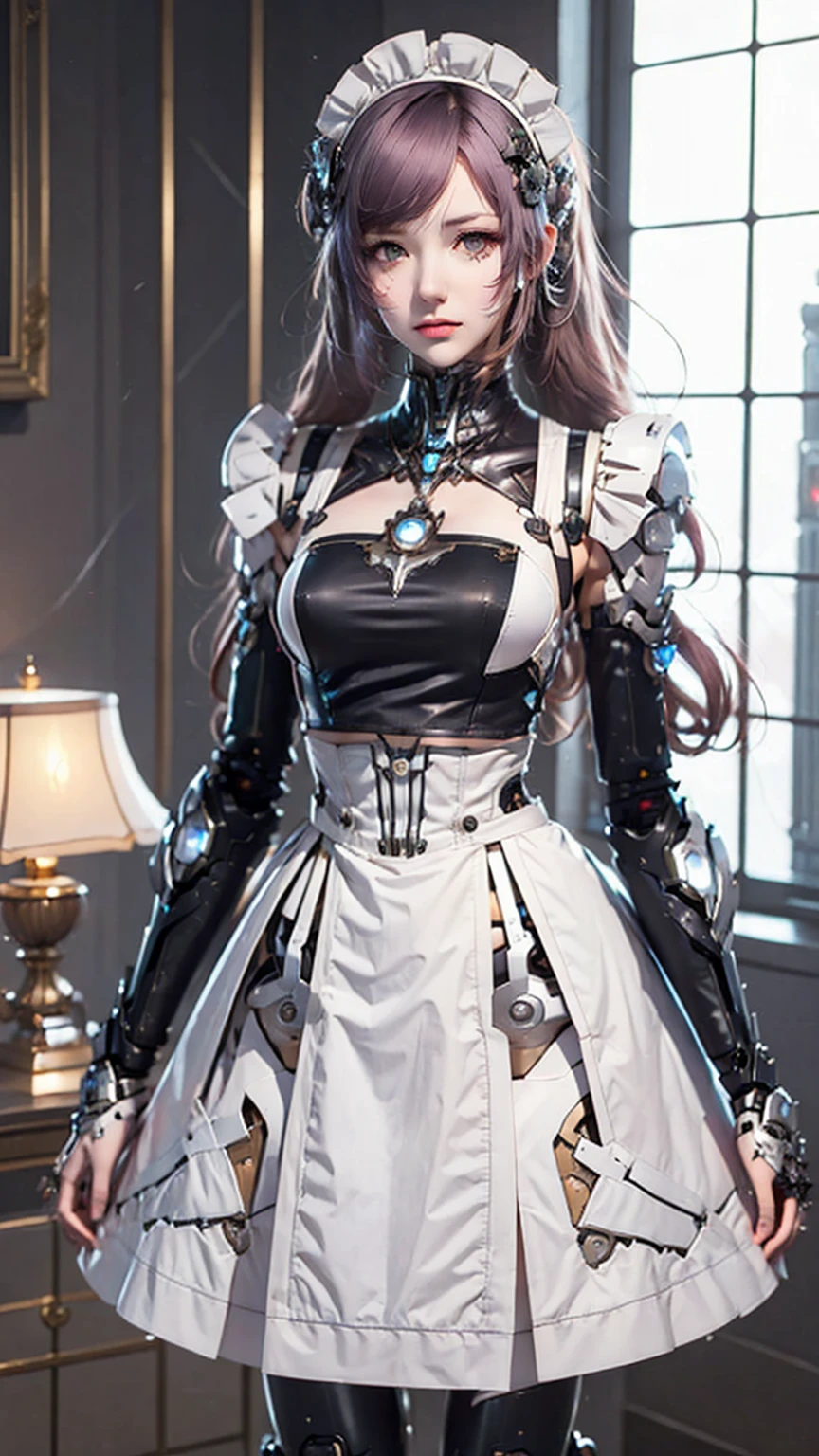 Very detailed, Advanced Details, high quality, 最high quality, High resolution, 1080P, HD, 4K,  beautiful,(Machine),beautiful cyborg mixed maid female, Mecha Cyborg Girl,Mecha Body Girl,She is wearing a futuristic mech, victorian maid dress, from the front, From the skirt up,A cute room for children, bed room, bed,