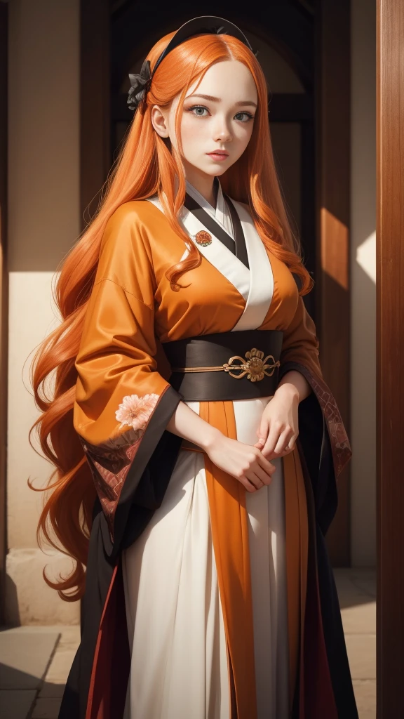 Young princess, striking figure, long flowing ginger hair, wavy hairs, fair skin, freckles, kolito, innocent and regal appearance, expressive green eyes are filled with a mix of curiosity and determination, her slender frame, elegant grace, vibrant orange kimono with white and black decorations, very long sleeves hiding hands