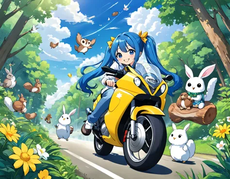 ride your motorbike through lush forests、blue long hair、beautiful girl with twin tails、bigger in the center、splash art that make...