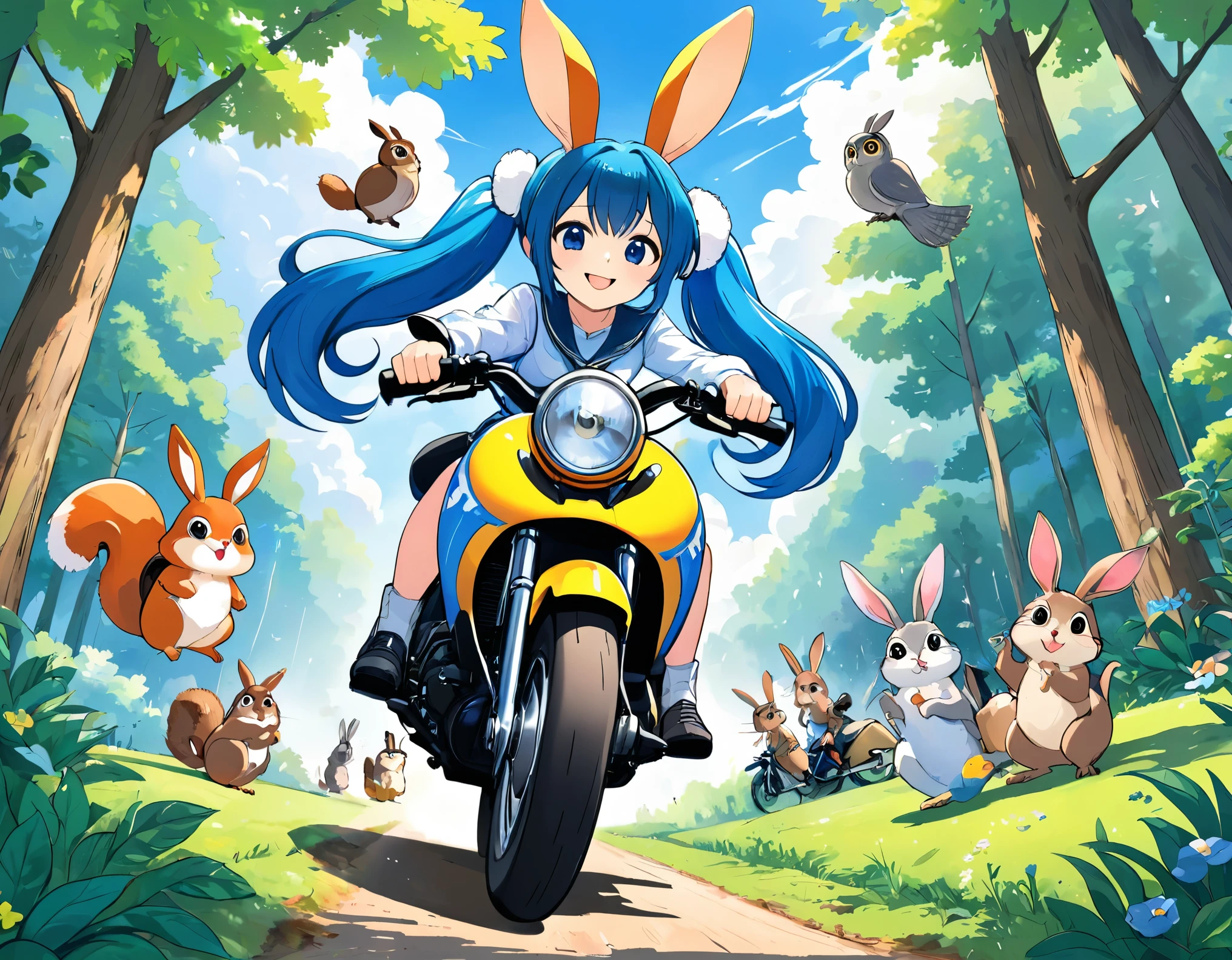 Ride your motorbike through lush forests、Blue long hair、Beautiful girl with twin tails、Bigger in the center、Splash art that makes you feel the wind、blue sky、White cloud、Bright smile、Friends of the Forest、squirrel、rabbit、owl