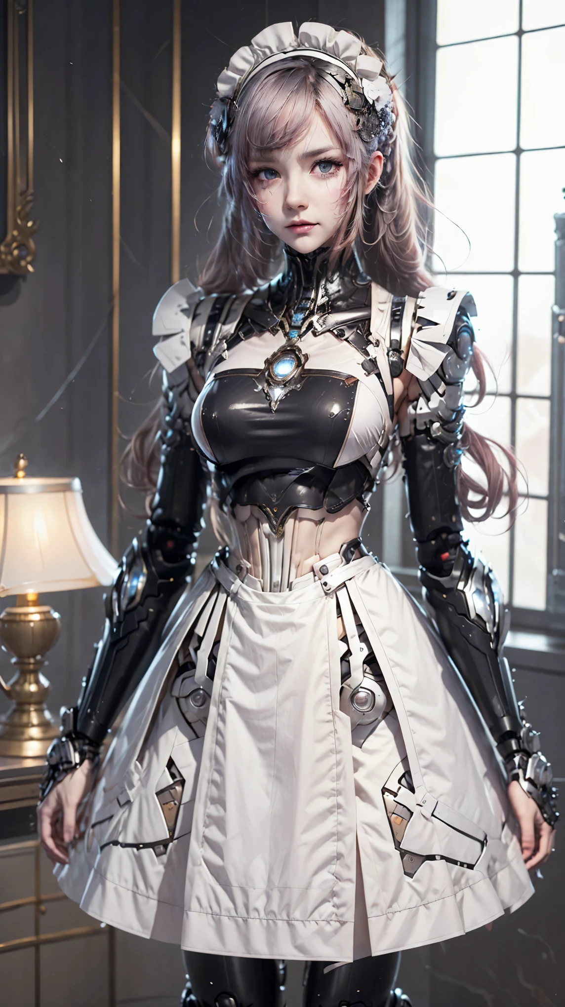 Très détaillé, détails avancés, haute qualité, 最haute qualité, Haute résolution, 1080P, HD, 4K,  Beau,(machine),Beau cyborg mixed maid female, Mecha Cyborg Fille,Fille au corps Mecha,elle porte un robot futuriste, robe de femme de chambre victorienne, de face, De la jupe vers le haut,Une jolie chambre pour les enfants, lit room, lit,