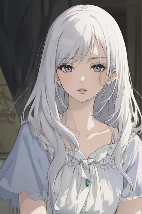 anime style, woman with long white hair, blue eyes, she wears a noble's elegant dress, lips, portrait,