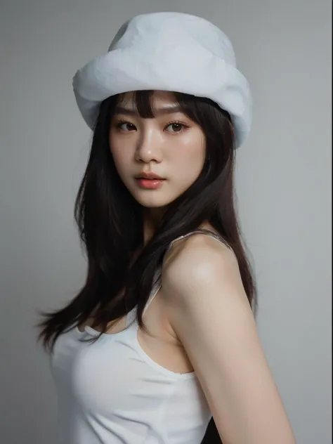 a close up of a woman wearing a white hat and a white tank top, beautiful south korean woman, korean girl, gorgeous young korean...