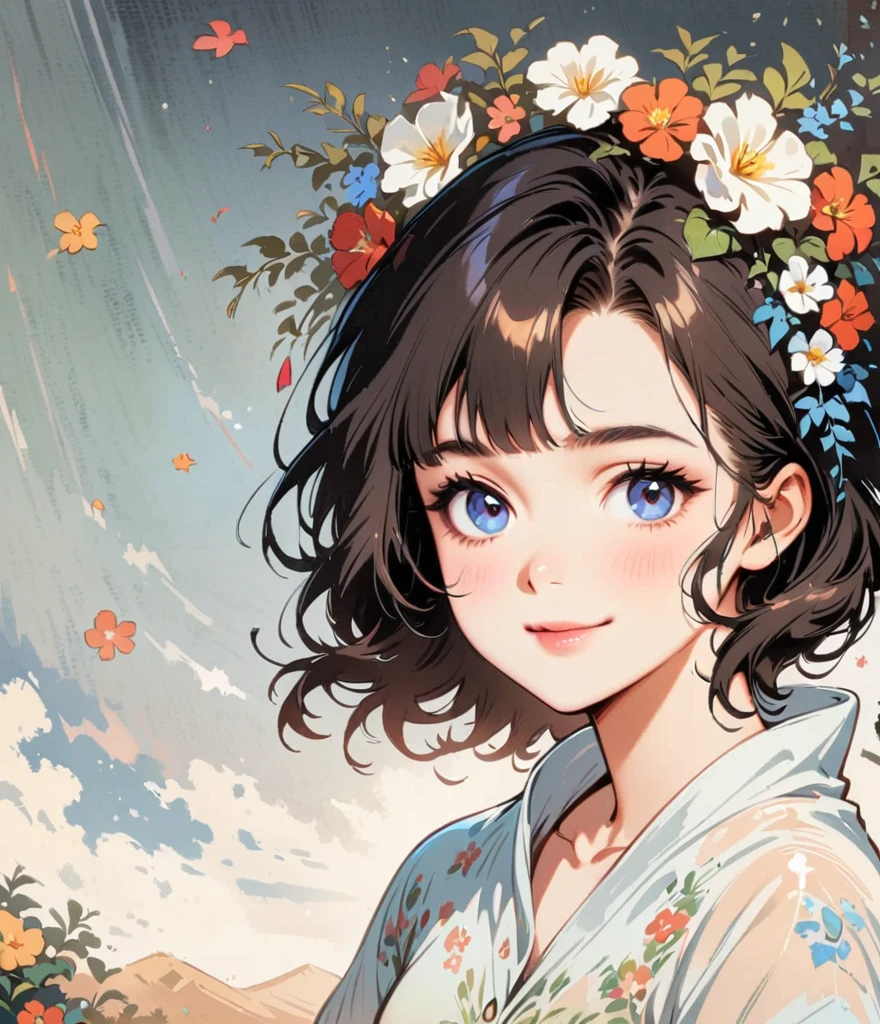 Gardenienblüte、Große weiße Blumen、Charakterdesign im Cartoon-Stil，1 Mädchen, allein，sanfter Ausdruck，Blumenhemd，klare Linien