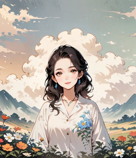 Gardenia flower、large white flowers、Cartoon style character design，1 Girl, alone，Gentle expression，Floral Shirt，Clean Lines