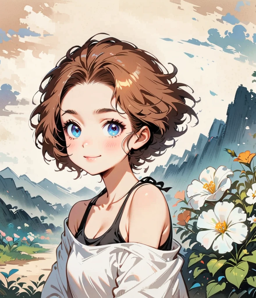 치자나무 꽃、큰 흰색 꽃、만화 스타일의 캐릭터 디자인，소녀 1명, 홀로，멋진 표현，탱크탑，깔끔한 라인