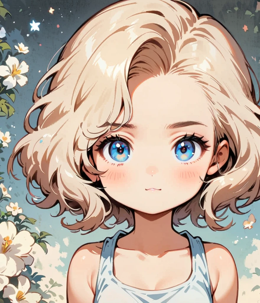 Gardenienblüte、Große weiße Blumen、Charakterdesign im Cartoon-Stil，1 Mädchen, allein，Cooler Ausdruck，Tank top，klare Linien