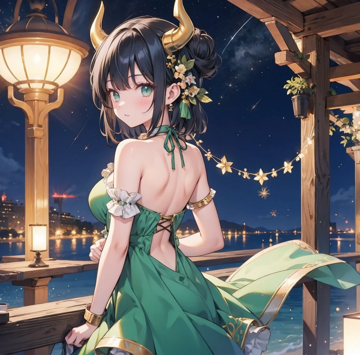 1 person、Gorgeous green swimsuit、,race,Black Hair、Short bun hair、hair ornaments、necklace、back、Golden devil horns、Anatomically correct,Night view of medieval Europe、Sea of night