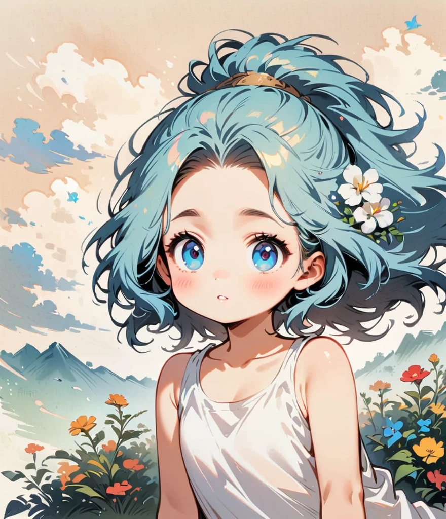 Gardenia flower、large white flowers、Cartoon style character design，1 Girl, alone，Big eyes，Cute expression，Tank top、interesting，interesting，Clean Lines