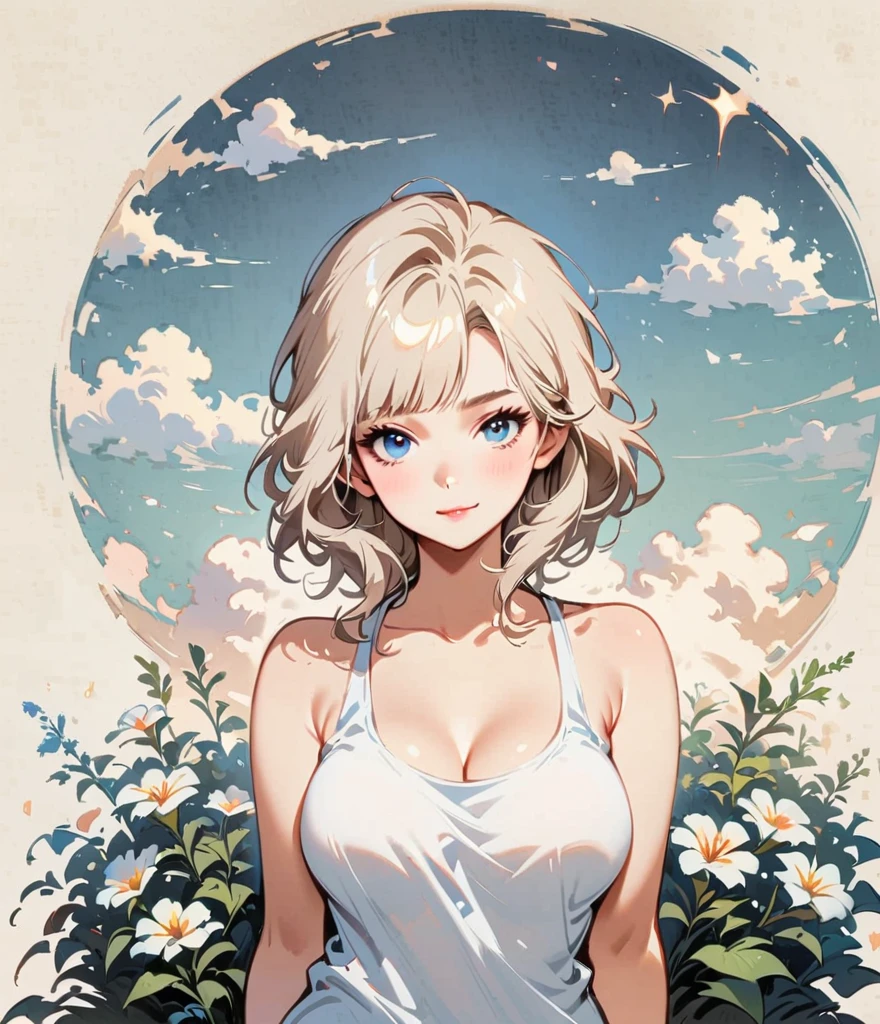 Avoid showing your breasts、Gardenia flower、large white flowers、Cartoon style character design，1 Girl, alone，Cool expression，Tank top，Clean Lines