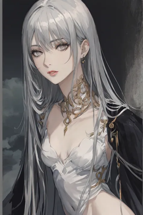 anime style, woman with long black hair, silver eyes, she wears a noble's elegant dress, lips, portrait,