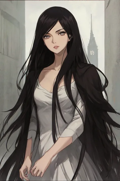 anime style, woman with long black hair, silver eyes, she wears a noble's elegant dress, lips, portrait,