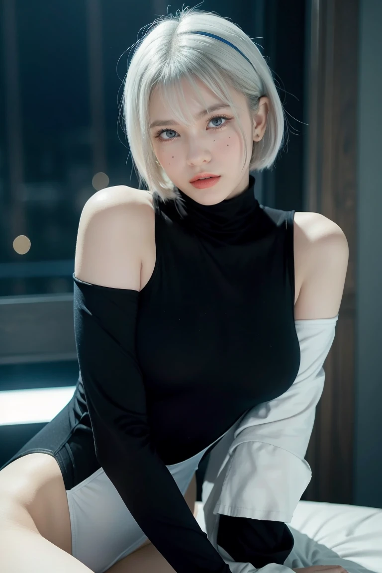 Cyberpunk Edgerunners, 1fille, Lucie (cyberpunk), Épaules nues, yeux bleus, seins, collant, regarder le spectateur, medium seins, veste à épaules dénudées, hors épaule, eye-liner rouge, Cheveux courts, sleeveless turtleneck collant, seulement, turtleneck collant, cheveux blancs, ((chef-d&#39;œuvre)) (Meilleure qualité, chef-d&#39;œuvre)