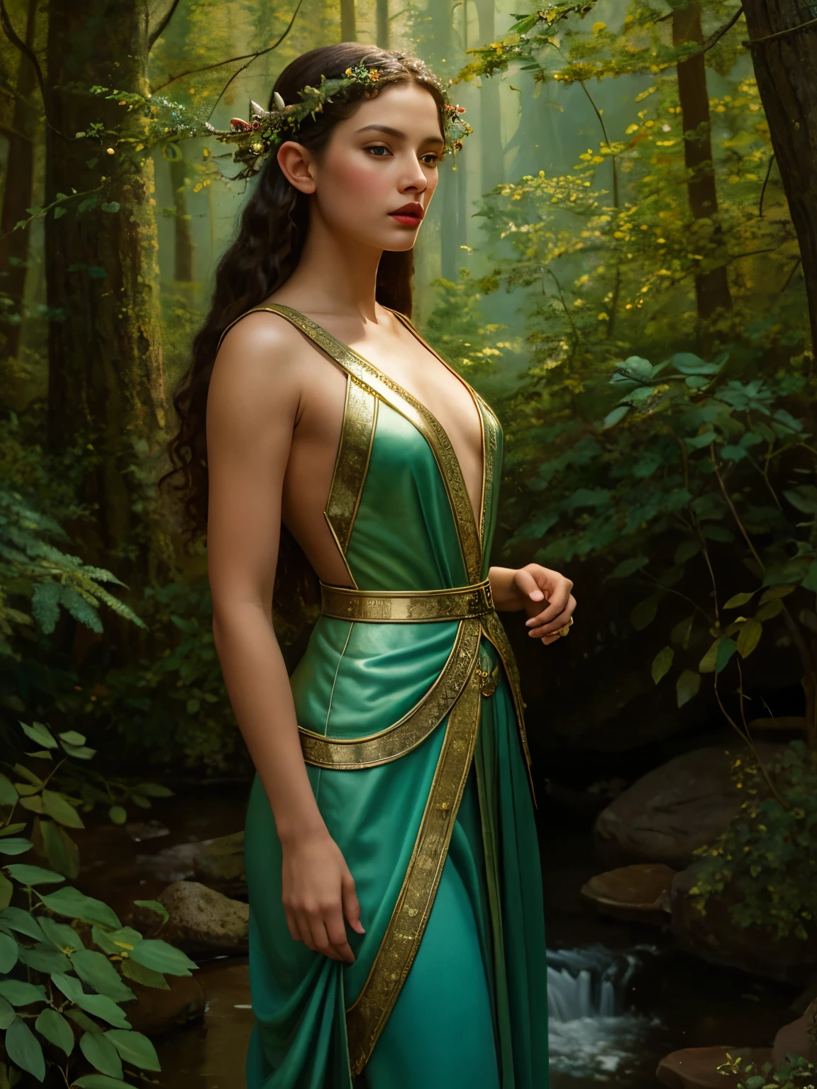 (masterpiece, best quality:1.2), (((oil paint))), 1girl, solo,  (masterpiece, ultra quality, high resolution, 8k, intricate: 1.2). female elf, looking at viewer, flowizng cloths and silver amor, the silent forested, mysterious, fantasy art, Donato Giancola, craig mullins, parth, masterful strokes legendary, high detail, masterpiece, detailed face, super detail, high details, high quality, award winning, best quality